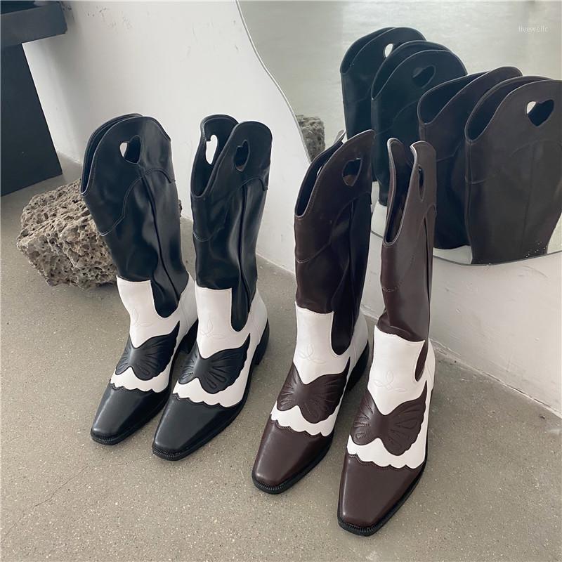 

DXFAN Mixed Colors Western Cowboy Boots Women Geometric Embroider Long Knee Boots Women Med Heel Square Toe Designer Shoes1, Black