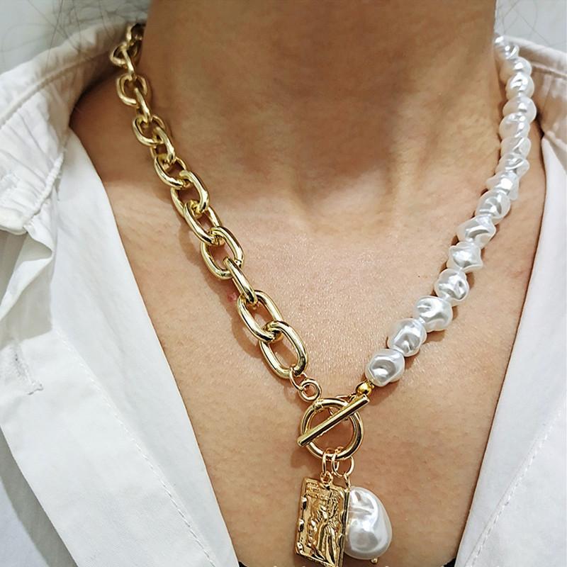 

Baroque Irregular Pearl Lasso Lock Neck Chains Choker Necklace Vintage Gothic Geometric Coin Pedants Couples Necklace Jewelry