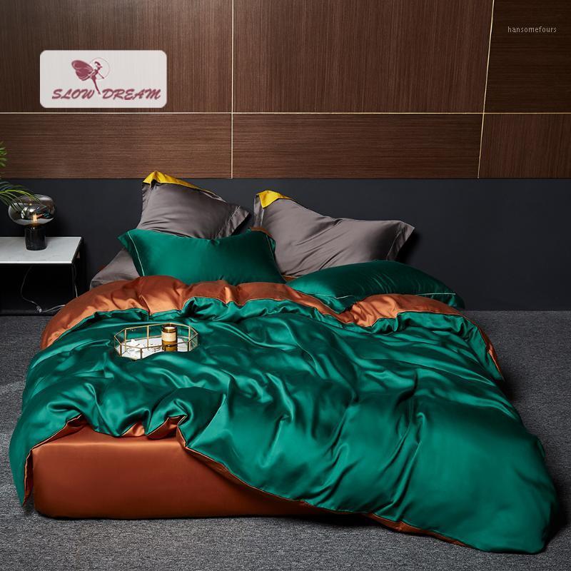 

SlowDream Double Color 100% Silk Bedding Set Luxury Green Brown Duvet Cover Set Pillwocase Fitted Sheet  King Bed Linen1, 005
