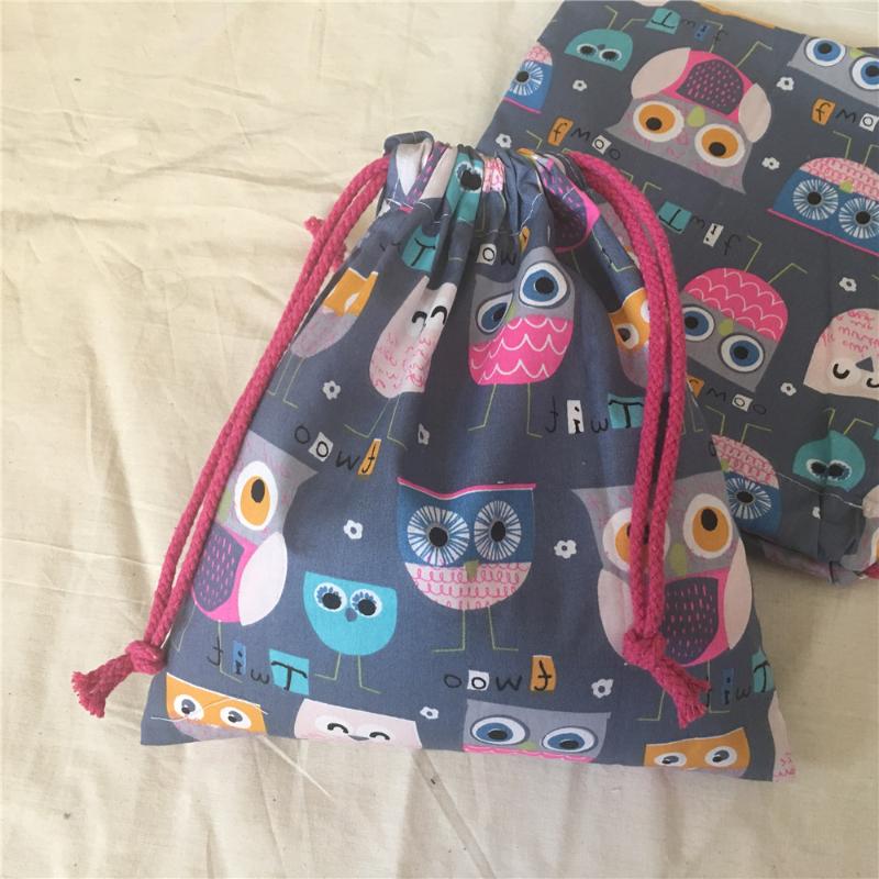 

8630C 1pc Handmade Cotton Twill Drawstring Multi-purpose Storage Bag Party Gift Bag Print Cup Owls Gray Base