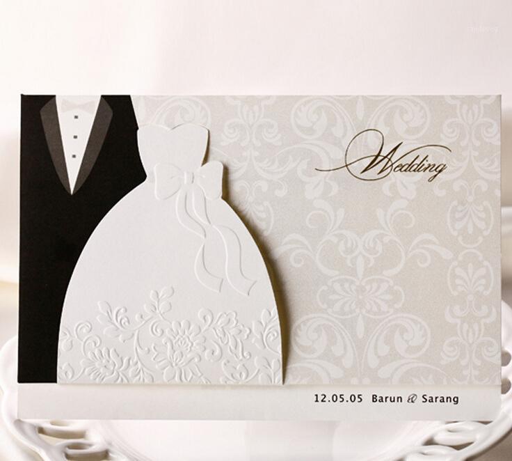 

Wholesale- 50psc Laser Cut Wedding Invitations Creative Elegant Vintage Groom and Bride Black White Formal Wedding Invitation Card CW20111