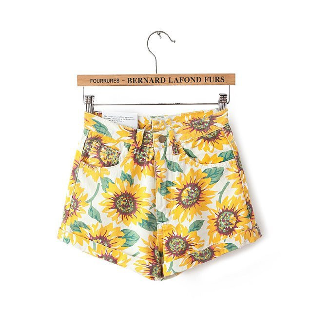 

2021 New Sexy Print Ertical Sunflower Stripe Elastic Belt Auto Empate Front Gray Womens High Summer Shorts Straight Bermuda 9434, Yellow