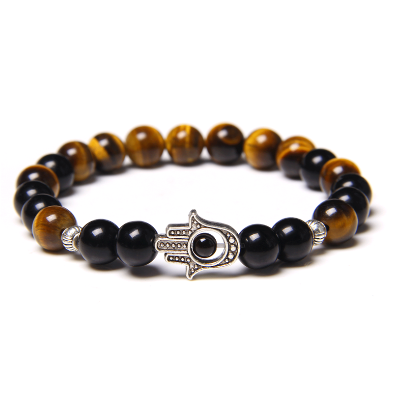 

Antique Gold Color Hand of Fatima Hamsa Charm Bracelet Natural Stone Tiger Eye Evil Eye Amulet Beads Bracelet for Men Women Gift