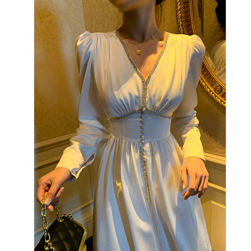 

New White Party Diamond Woman with High-waisted Waistband Cleavage Elegant Dress Solid Lady Dressed in Sleeves Long Qv3n