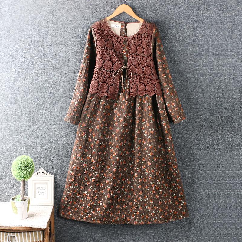 

2020 New Autumn Winter Women Dress Japan Style Mori Girl Literary Lace Print Long Sleeve Cotton Linen Long Dress Women, Black