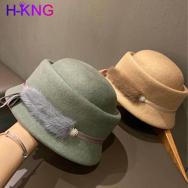 

Stingy Brim Hats High Quality Pure Wool Elegant Ladies Bucket Hat French Aristocratic Vintage Fisherman Hepburn Fashion, Black