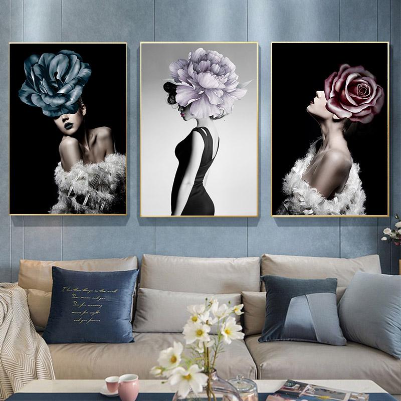 

Nordic Nude Naked Women Feather Figure Canvas Painting Sexy Girls Flower Abstract Poster Wall Art Pictures for Living Room Decor