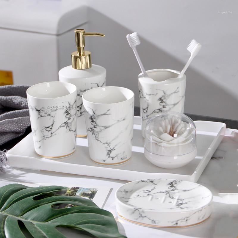 

Nordic bathroom supplies marble ceramic bathroom decoration accessories toothbrush holder soap dispenser cotton swab box / tray1