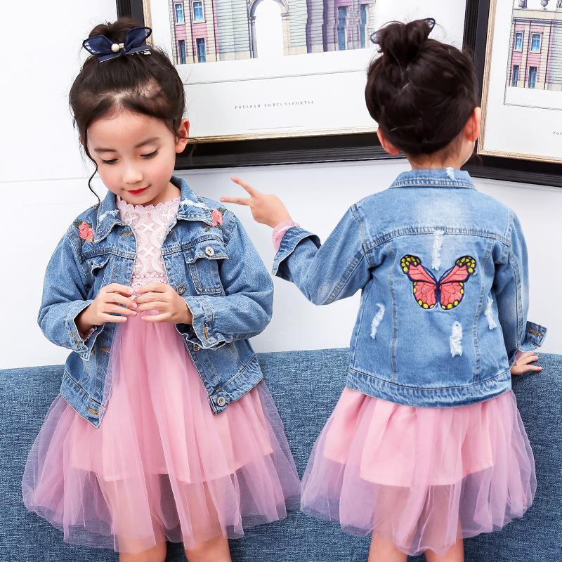 

2020 Spring Girls Fashion Denim Jacket Kid Casual Long-Sleeve Outerwear Coat Flower Embroidered Butterfly Hole Girls Jean Coats1, Blue