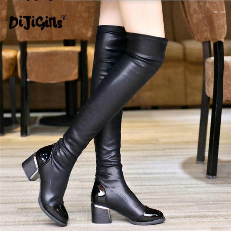 

DIJIGIRLS Fashion PU Leather Over Knee Boots Women Sequined Toe Elastic Stretch Thick Heel Thigh High Riding Boots1, Black