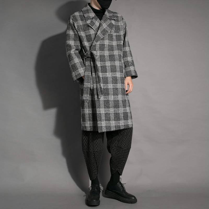 

2020 Retro autumn and winter plaid tie-cord design loose in long woolen coat trench coat male, 11