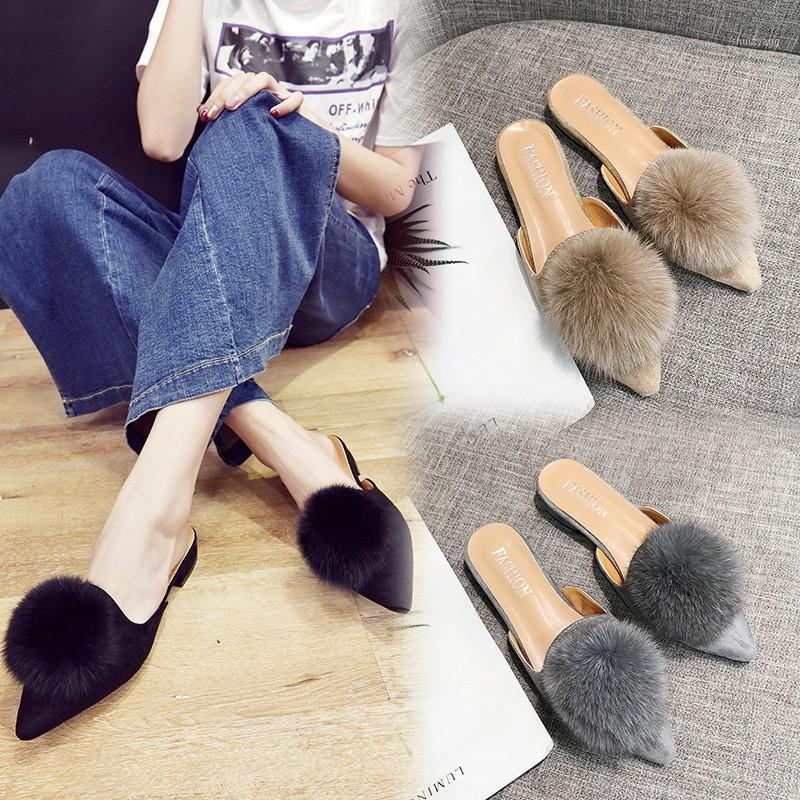 

Leisure Concise Fashion Slippers Solid Flock Faux Fur Closed Toe Slides Summer Closed Toe Low Shoes1, Black