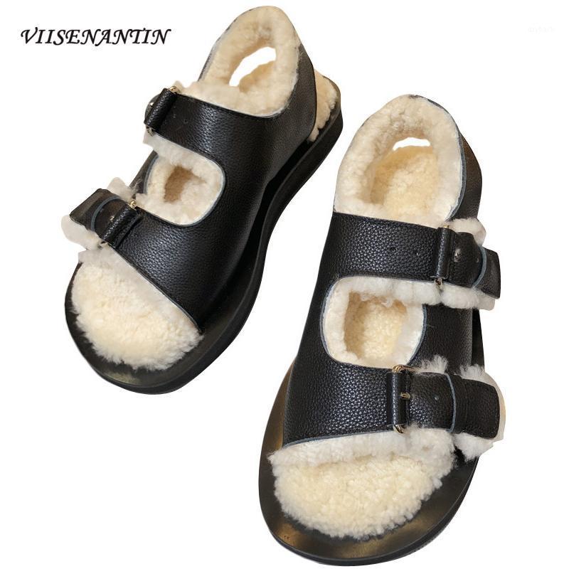 

Winter Women Sandal Shoes Furry Black Leather Open Toe Buckle Strap Flat Mules Female Fashionable Runway Shoes High Quality1