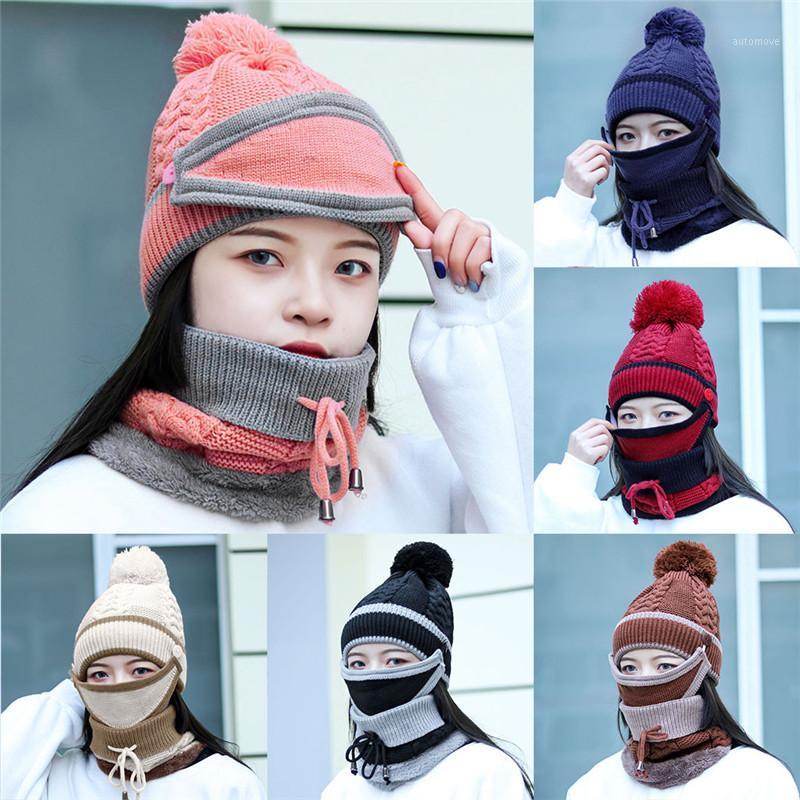 

3Pcs Woman Winter Warm Crochet Knit Hat Plus Thicken Beanie Cap+Scarf+Mask Knit Windproof Cap Solid Set #401