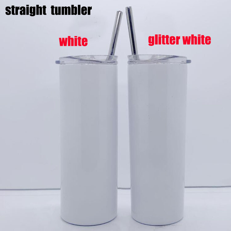 

New arrived 20oz glitter sublimation straight skinny tumbler 600ml stainless steel slim tumbler with metal straw lid vacuum coffee mug, White