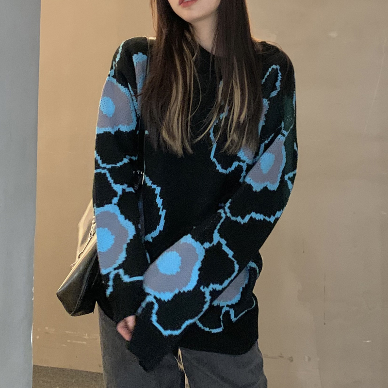 

2021 New Autumn winter and Korean-style loose female floral sweaters from women's sweater (c9895) 74K6, Black
