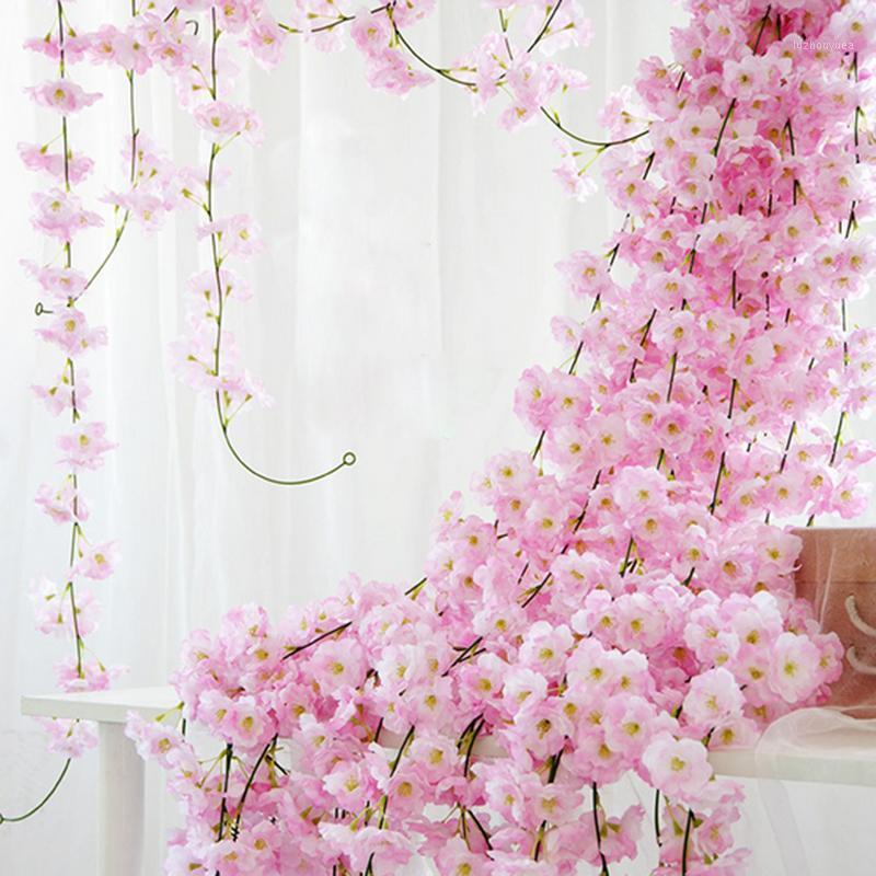 

2M Artificial flowers Sakura Cherry Rattan Wedding Arch decor Vine Home party Silk Ivy wall Hanging Garland Wreath Flower string1, Pink