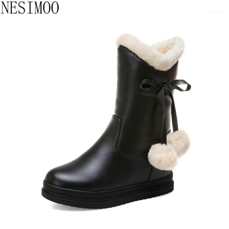 

NESIMOO 2021 Sweet Lace Up Slip on Women Shoes Round Toe PU Leather Winter Mid Calf Boots Wedges Keep Warm Snow Boots Size 34-431, Black