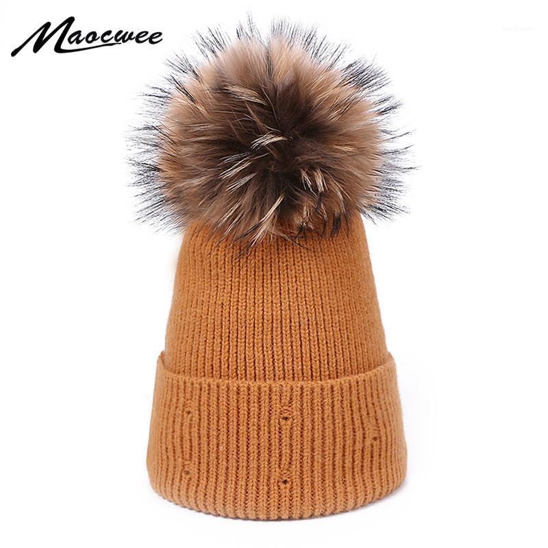 

Winter Hat Women Knitted Beanie With Real Fur Pompon Outdoor Warm Soft Trendy Hats Wool Skullies Beanies Elegant Solid Color Cap1