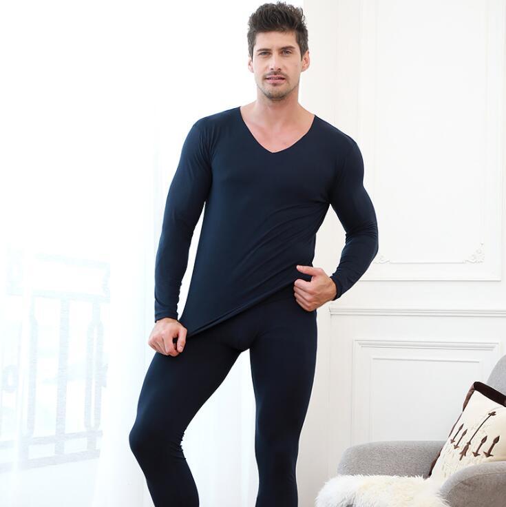 

Men's pure color seamless thermal underwear for autumn and winter men's v-neck autumn clothes long pants suit, Black