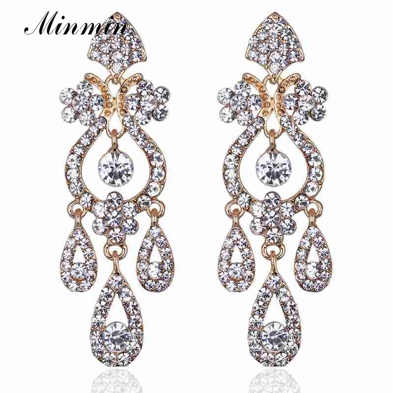 

Minmin Clear Crystal Gold-color Dangle Earrings Bridal Long Drop Earrings for Women Wedding Accessories EH001