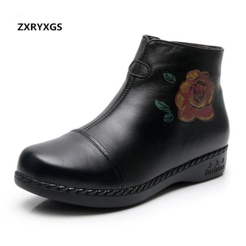 

2020 New Fashion Autumn Winter Boots Comfort Warm Snow Boots Flower Print Genuine Leather Women Shoes Flat Plus Size, Black
