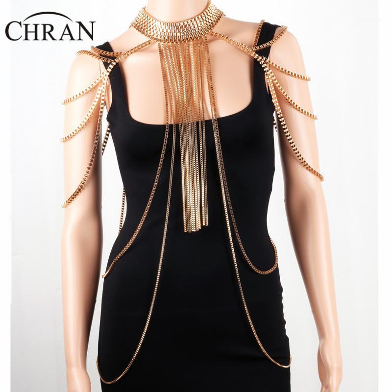 

Chran Sexy Body Armor Big Scarf Pendant Ladies Bib Shoulder Choker Necklace Gold Silver Plated Harness Slave Box Chain Jewelry1