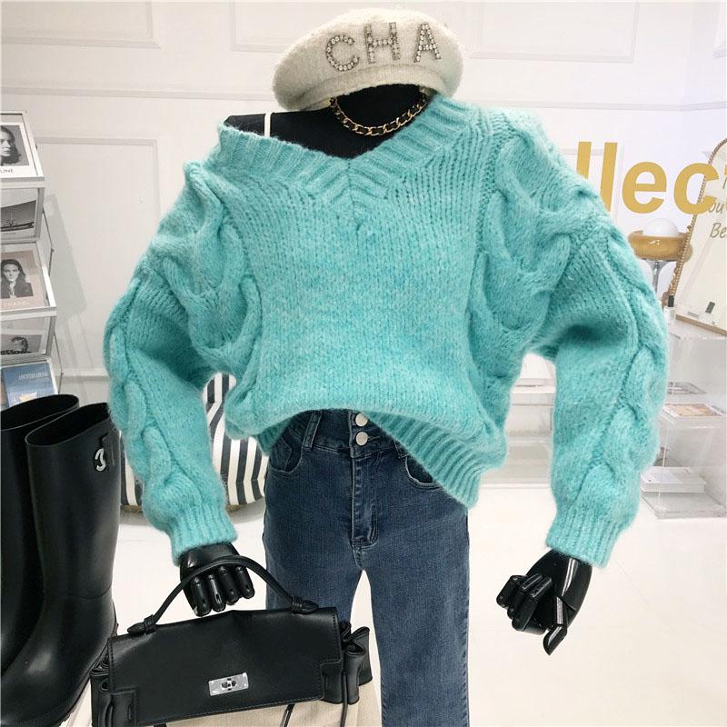 

Loose knit twist V-neck knitted sweater Women Autumn / winter 2020 New Fashion Solid color thickening lazy wind, Blue