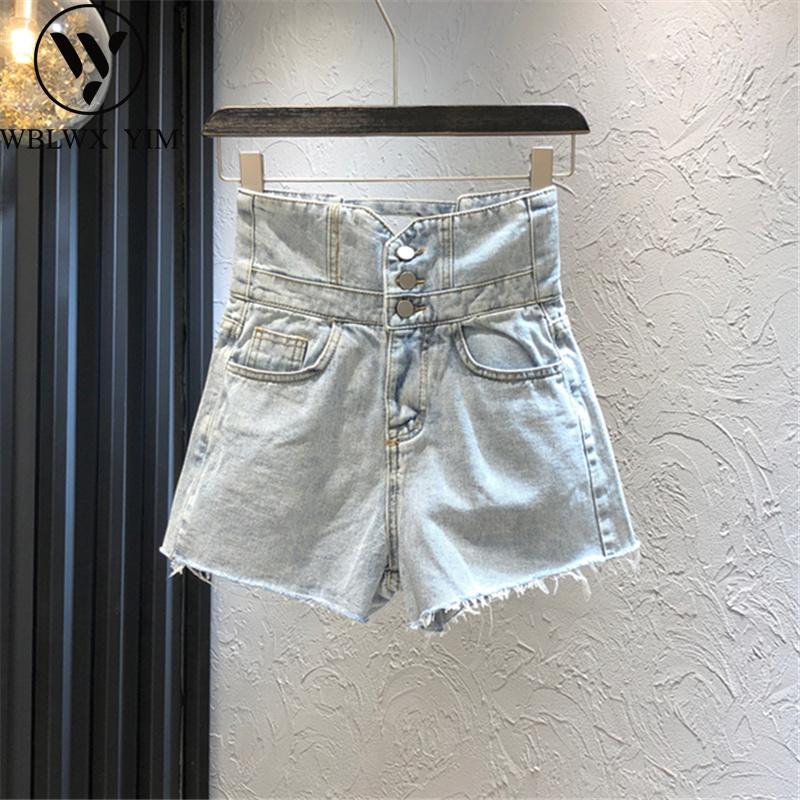 

Summer New Denim Shorts Women Fashion Bandage High waist Jeans Shorts Female Button Pocket A-Line Wide leg Short Pants Jeans, Blue