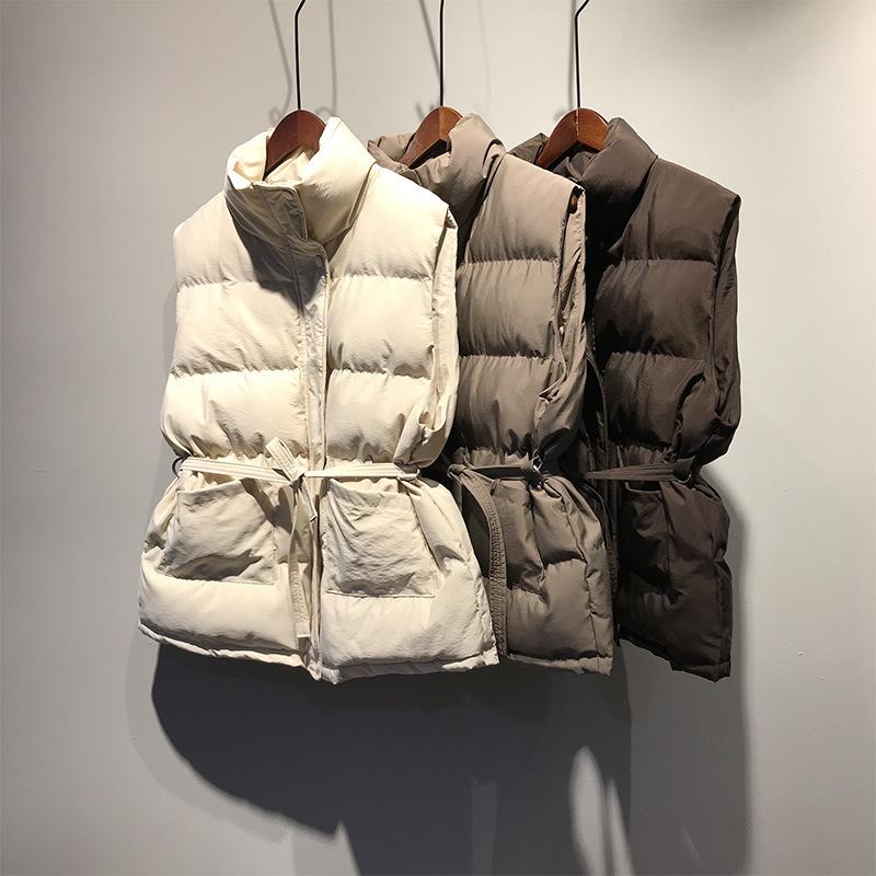 

2020 Winter New Stand Collar Sleeveless Cotton Vest Women's Loose Waist Hugging Strap Thick Cotton Waistcoat Female, Beige