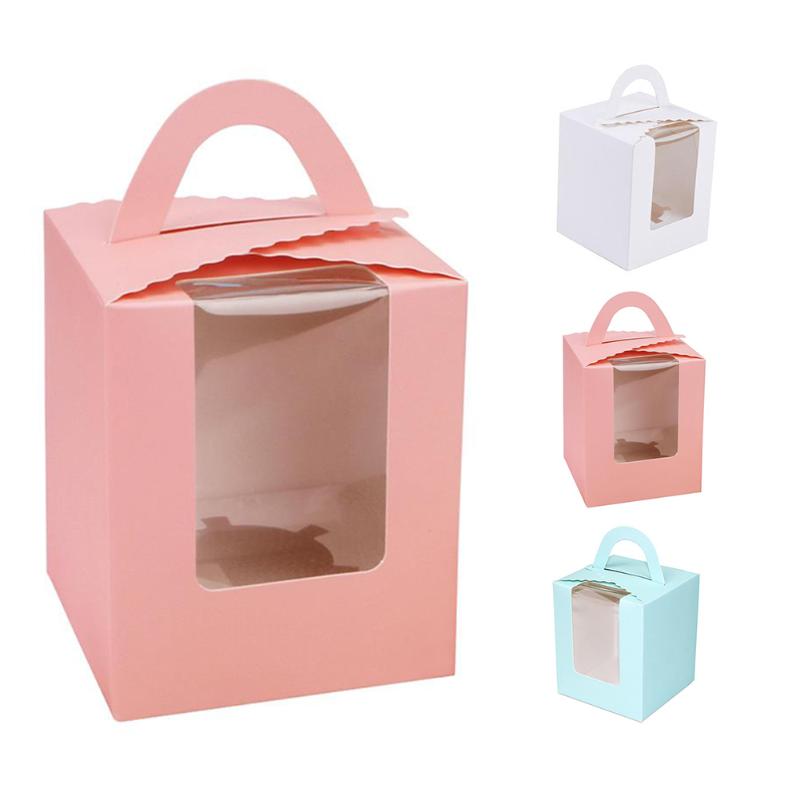 

10pcs Birthday Cupcake Box Party Mini Single Portable Handles Biscuits Packaging Cute Muffin Containers With Clear Windows