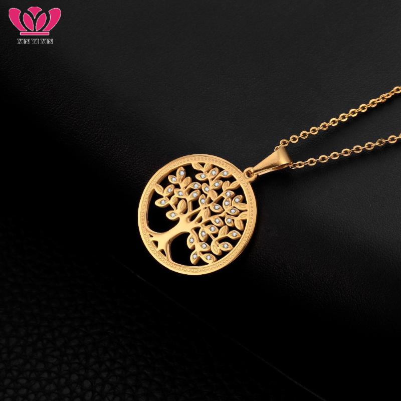 

Cute Crystal Tree of Life Choker Necklace Women Elegant Round Gold Tree of Life Stainless Steel Pendant Necklace 2020 Party Gift