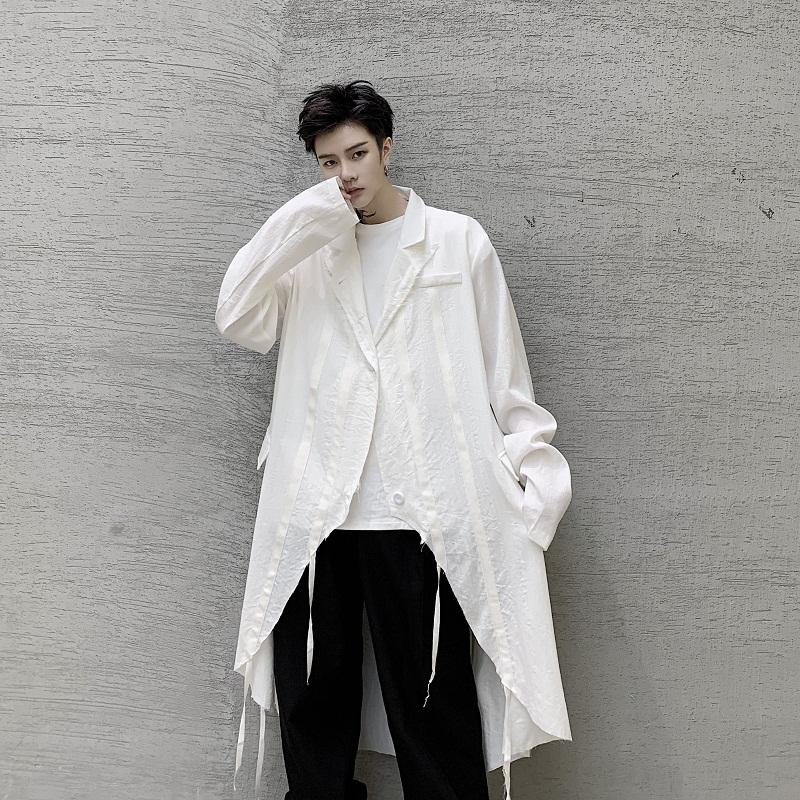 

Male Japan Street Cardigan Long Style Shirt Coat Men Adjustable Drawstring Casual Long Sleeve Shirt Stage Clothes, 3917 white