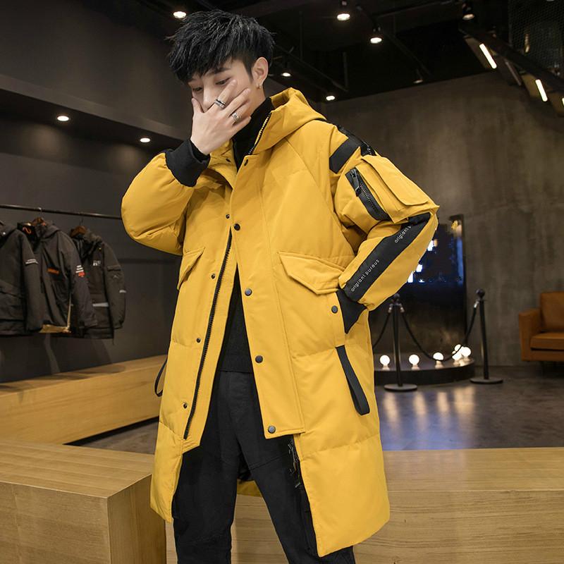 

New Mens Down Jacket Teenagers Long Hooded Thick All-Match Eiderdown Outerwear 85%white Duck Down, Yellow