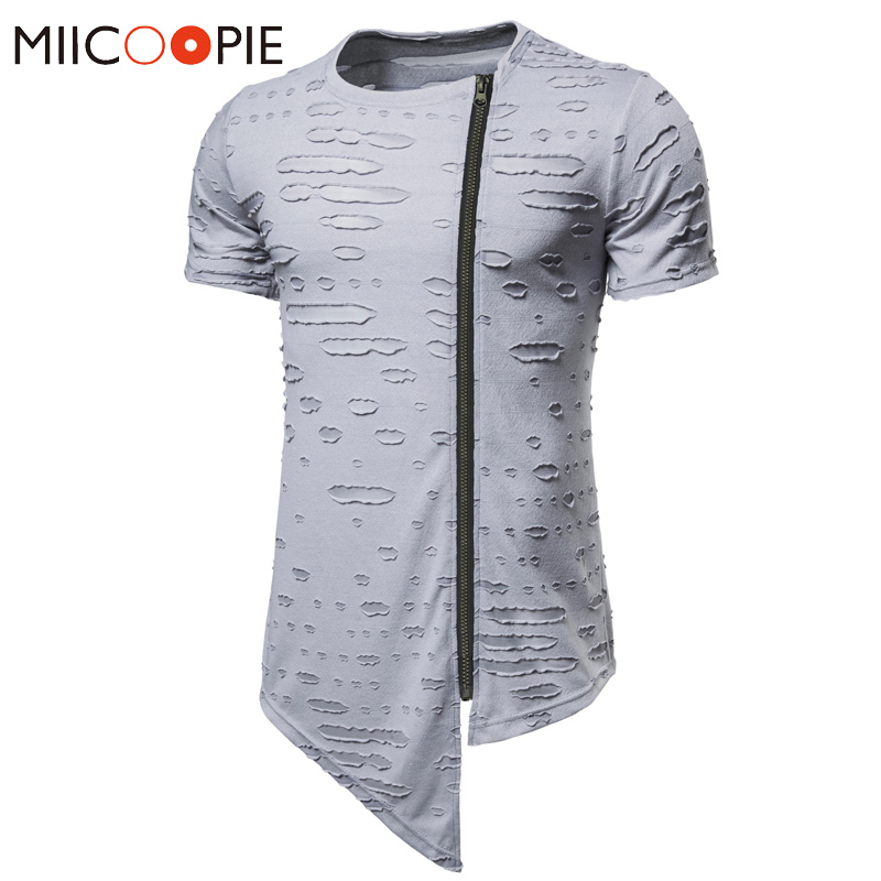 

Hip Hop Zipper Hole Short Sleeve Mens T-shirt Summer O-Neck Long Section Tshirt For Man Fashion Brand Workout Shirt Men Clothing, White;black