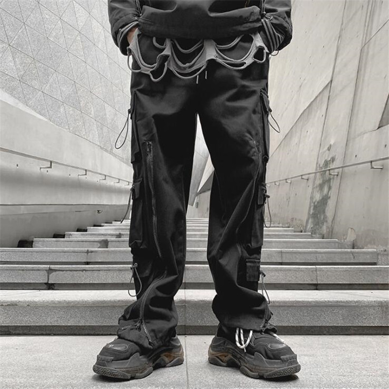 

2021 -fall Multi-pockets with Zipper Hip Hop Pants Wide Leg Joggers Harajuku Loose Streetwear Casual Sweatpants A7wi, Black