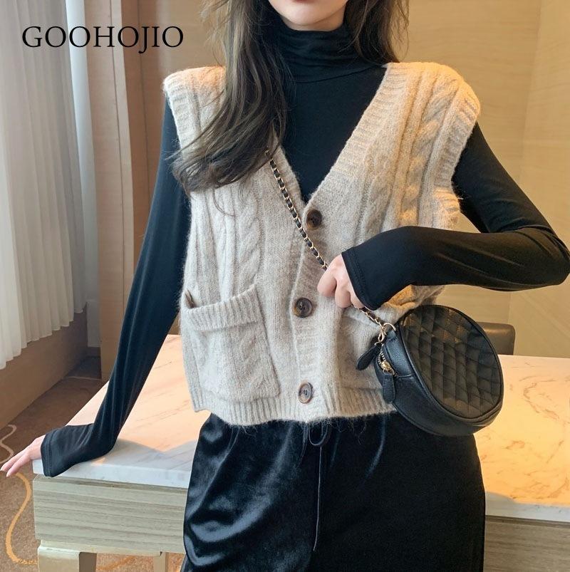 

GOOHOJIO 2020 New Autumn Winter Chic Sweater Temperament Sweater Vest for Ladies Solid Color V-neck Buttons Women Vest, Beige
