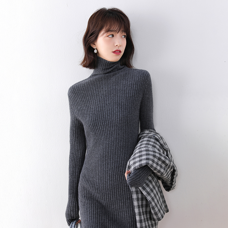 

2021 Longer Women 100% Pure Wool Knitted Es Winter New Fashion Striped Turtleneck Sweater Cgav, As picture 3