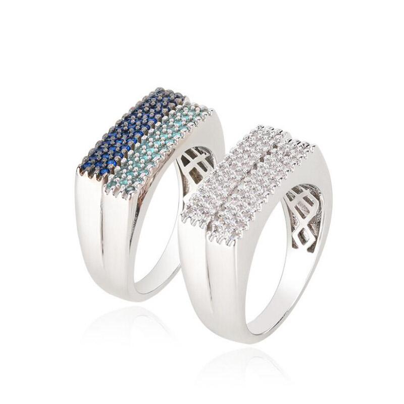 

Top Quality Fashion Micro Pave + Sapphire Blue CZ Crystals Rectangle Silver Ring For Women Brand Jewelry