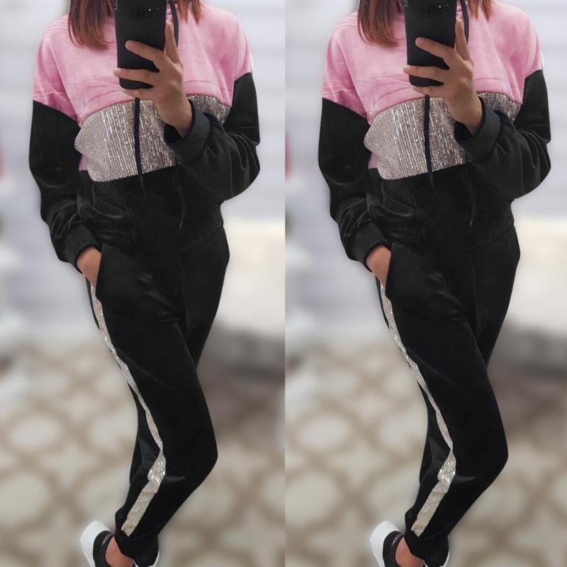 

Hooded Tracksuit Women 2 Pcs Running Set 2021 Patchwork Joggers Suits Workout Clothes LooseSweatshirts Sportswear Running Suit, As pic