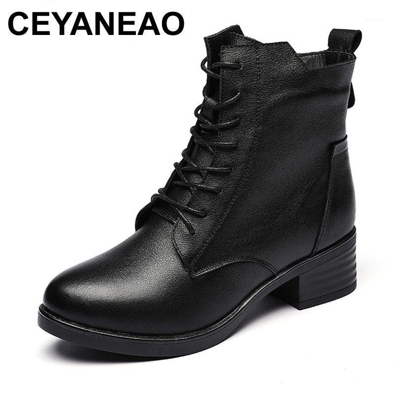 

CEYANEAONew Women Boots 2021 Autumn Winter Genuine Leather Chunky Heel Ankle Boots For Women Warm Short Plush Black1, Black