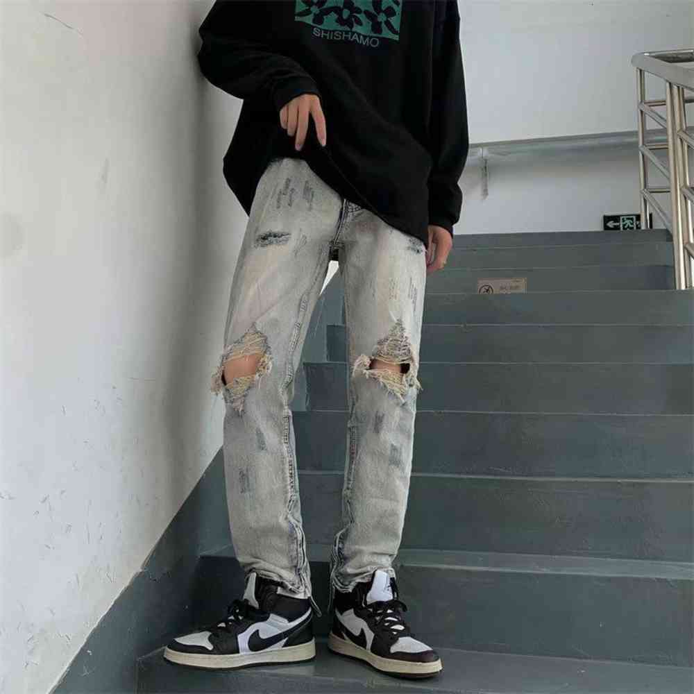

Jeans . High street fog straight tube loose and versatile light color perforated jeans beggar pants Hip Hop Pants Jeans Men's, Blue