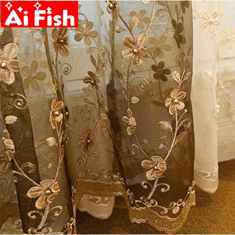 

Coffee Luxury Nail pearl embroidered window curtains for living room tulle European embossed floral beige curtain fabric wp362#51, Beige tulle