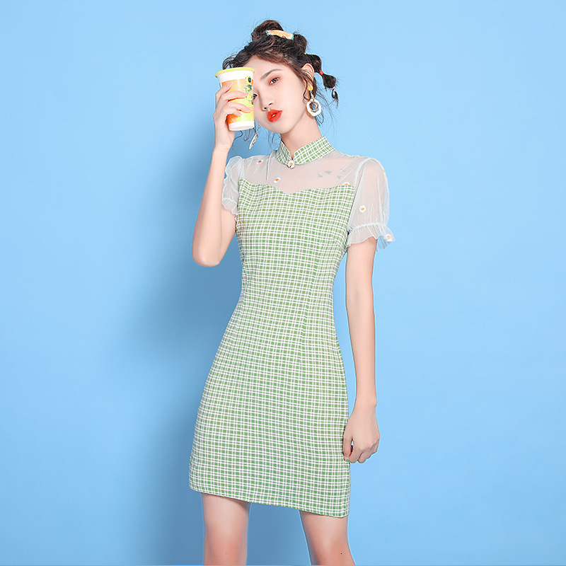 

2021 New summer Chinese style cheongsam short sleeves shorts daily hollow knitted seam embroidered green dress YP5H