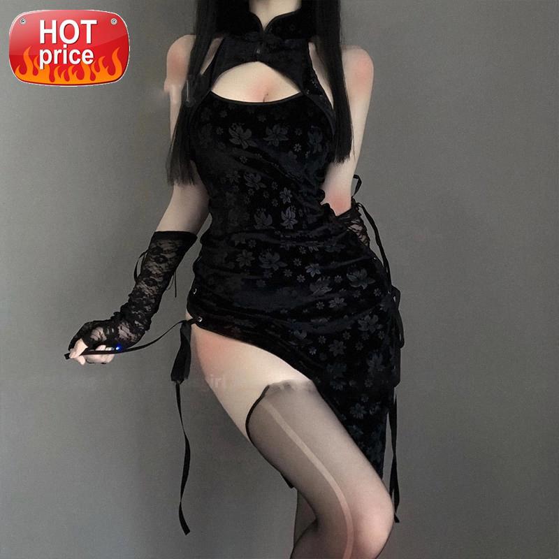 

Velvet Floral Print Sexy Split Bandage Long Qipao Chinese Traditional Cheongsam Dresses Vietnam Ao Dai Uniforms Party Uniform #8n9T, Black;white