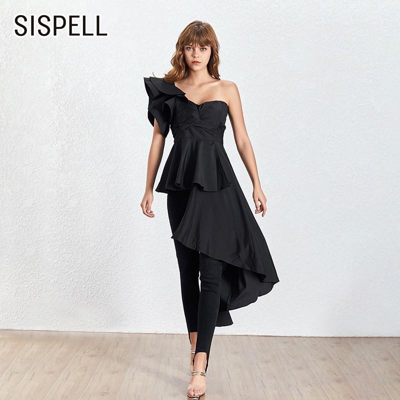 

SISPELL Asymmetric Ruffle Sleeve For Femael Blouse Shirt Square Collar High Waist Slimming Lace Up Bowknot Women' Vintage Shirt, Black