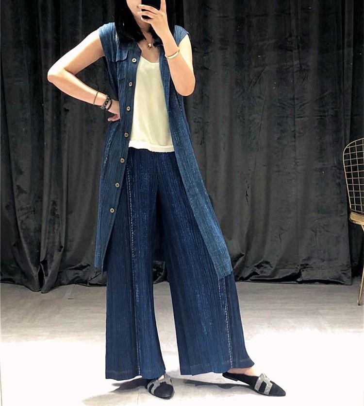 

HOT SELLING Miyake turn-down collar slim outerwear pleated sleeveless solid Vest denim outerwear IN STOCK, Denim blue
