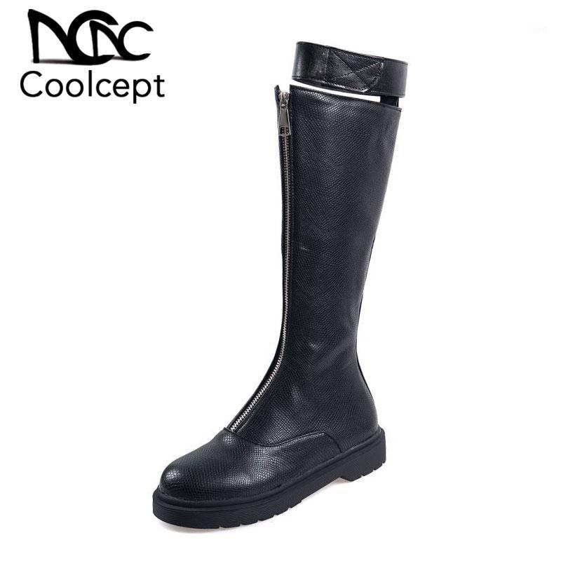 

CoolCept British Style Women Knee High Boots Round Toe Zipper Flats Shoes Woman Long Boots Winter Warm Women Footwear Size 34-431, Black