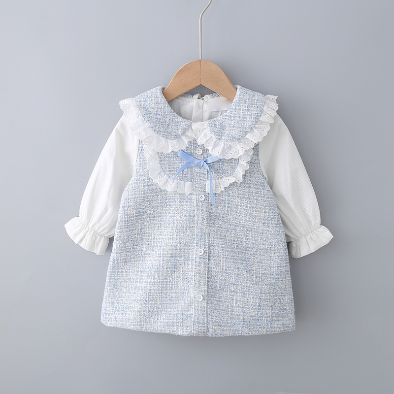 

2021 New Autumn Peter Pan Collar Plaid Girls Clothes Cildren Princess Es Fashion Kids Clothing 0-3y 13k6, Sky blue