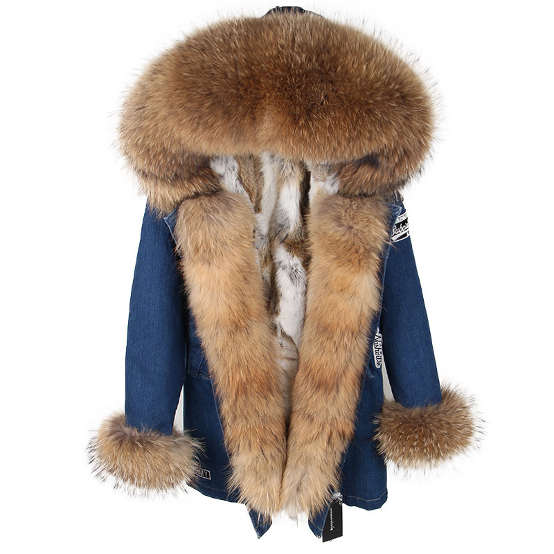 

2021 New Super-big Fox Fur Collar Rabbit Skin Lining Long Section Denim Female Thin Jacket Labelling Q6WU